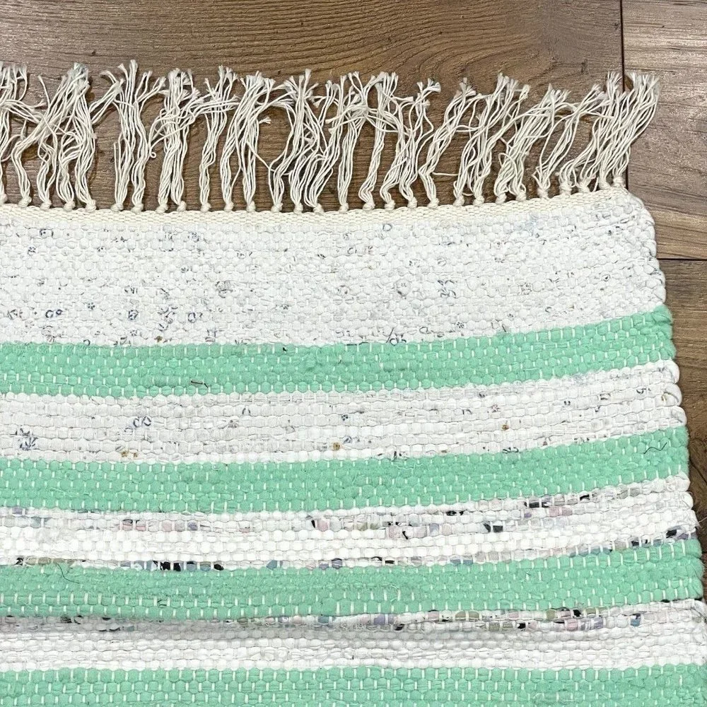 NEW Handmade Woven‎ Rag Rug 20x26 Fringe Tassel Throw Cotton Striped Green Ivory